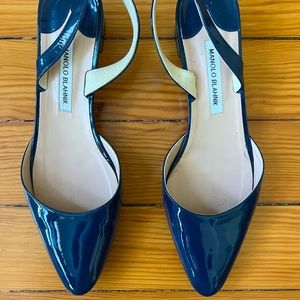 Manolo Blahnik Navy Patent low heel sling back shoes